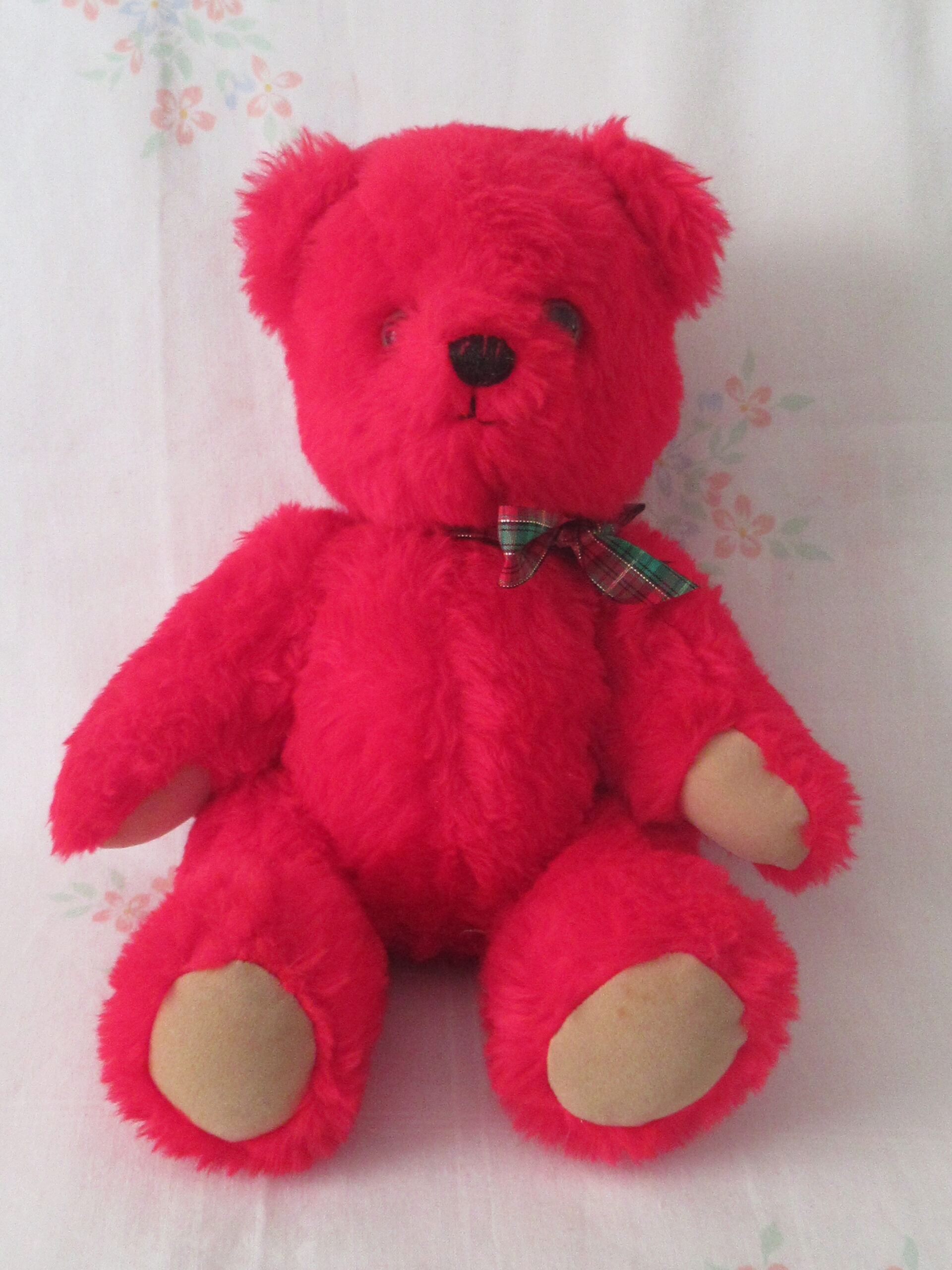 12 Inch Jointed Red Teddy Bear with Plaid Bow - Image 3