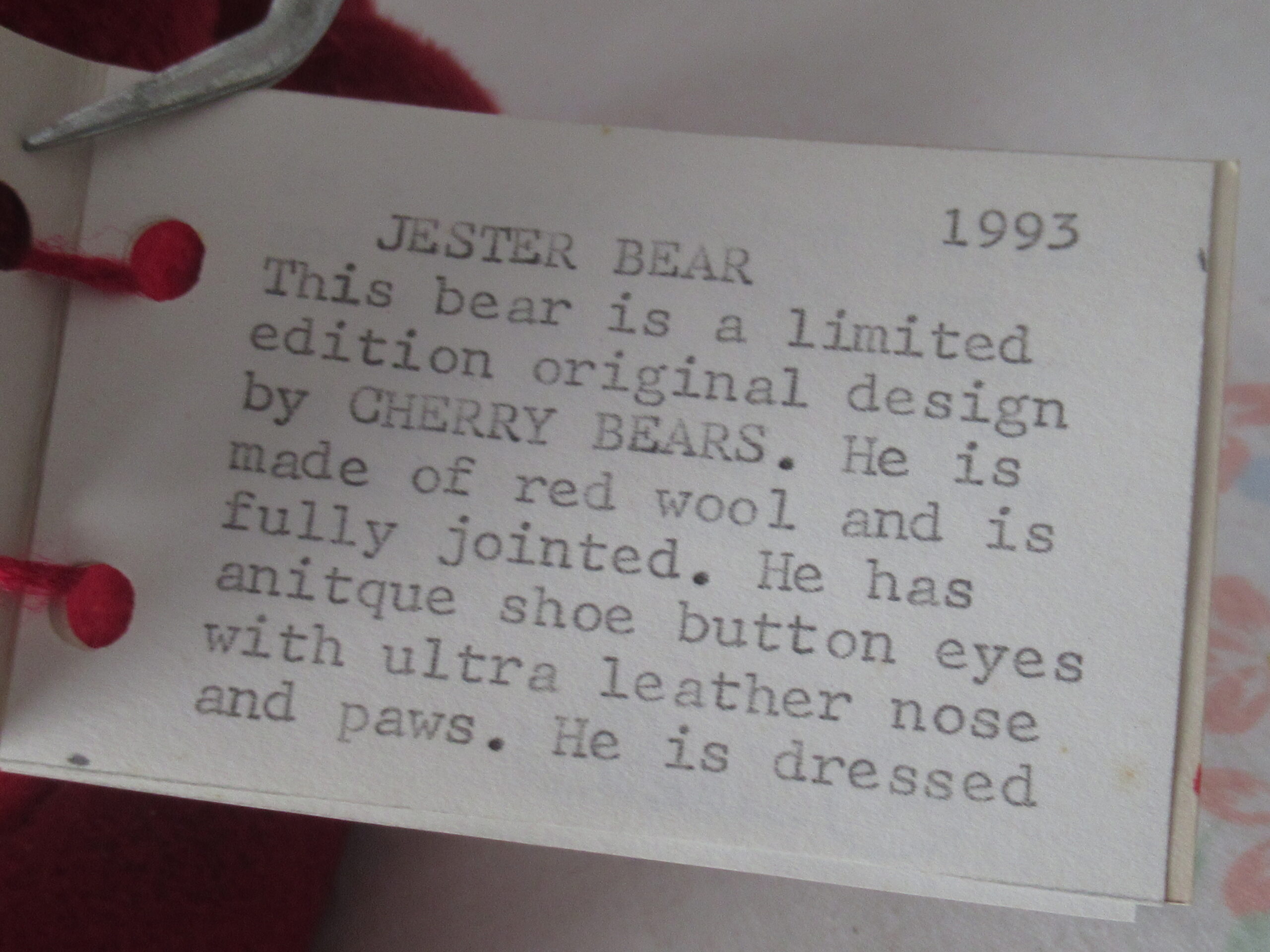 Jester Bear by Cherry Bears - 1993 Limited Edition - Image 6