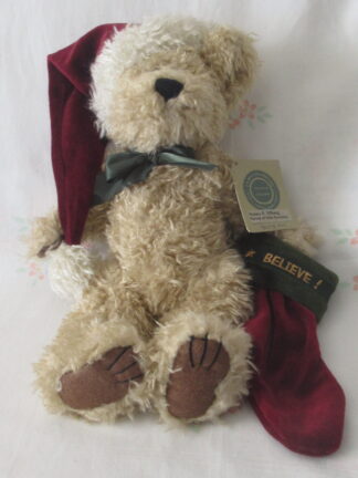 Boyds Bear with Santa Cap and Believe Stocking